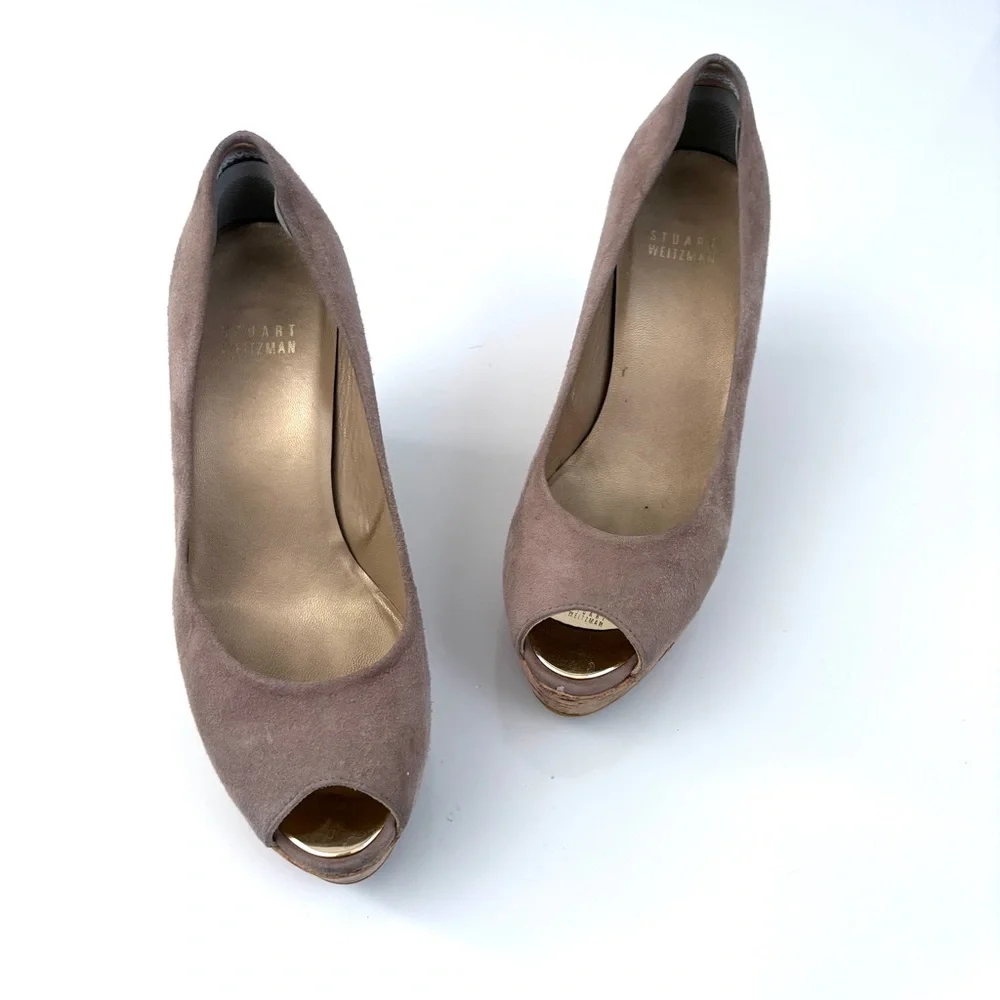 Stuart Weitzman | Beige Suede Peep Toe‎ Cork Wedge Shoes Size 6